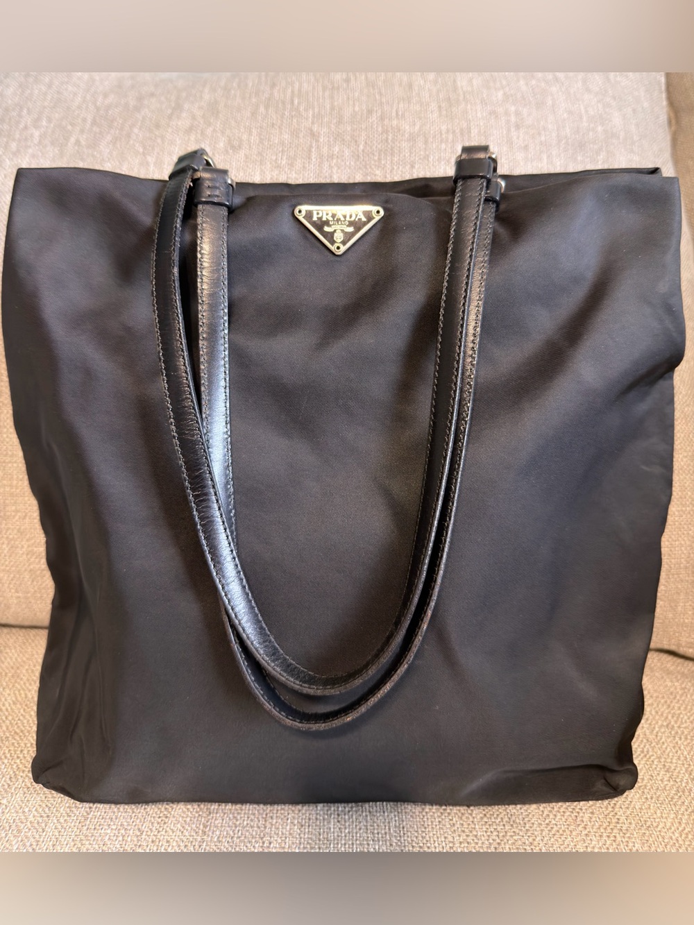 Vintage Prada Tessuto Nylon Black Leather Handle Tote Bag